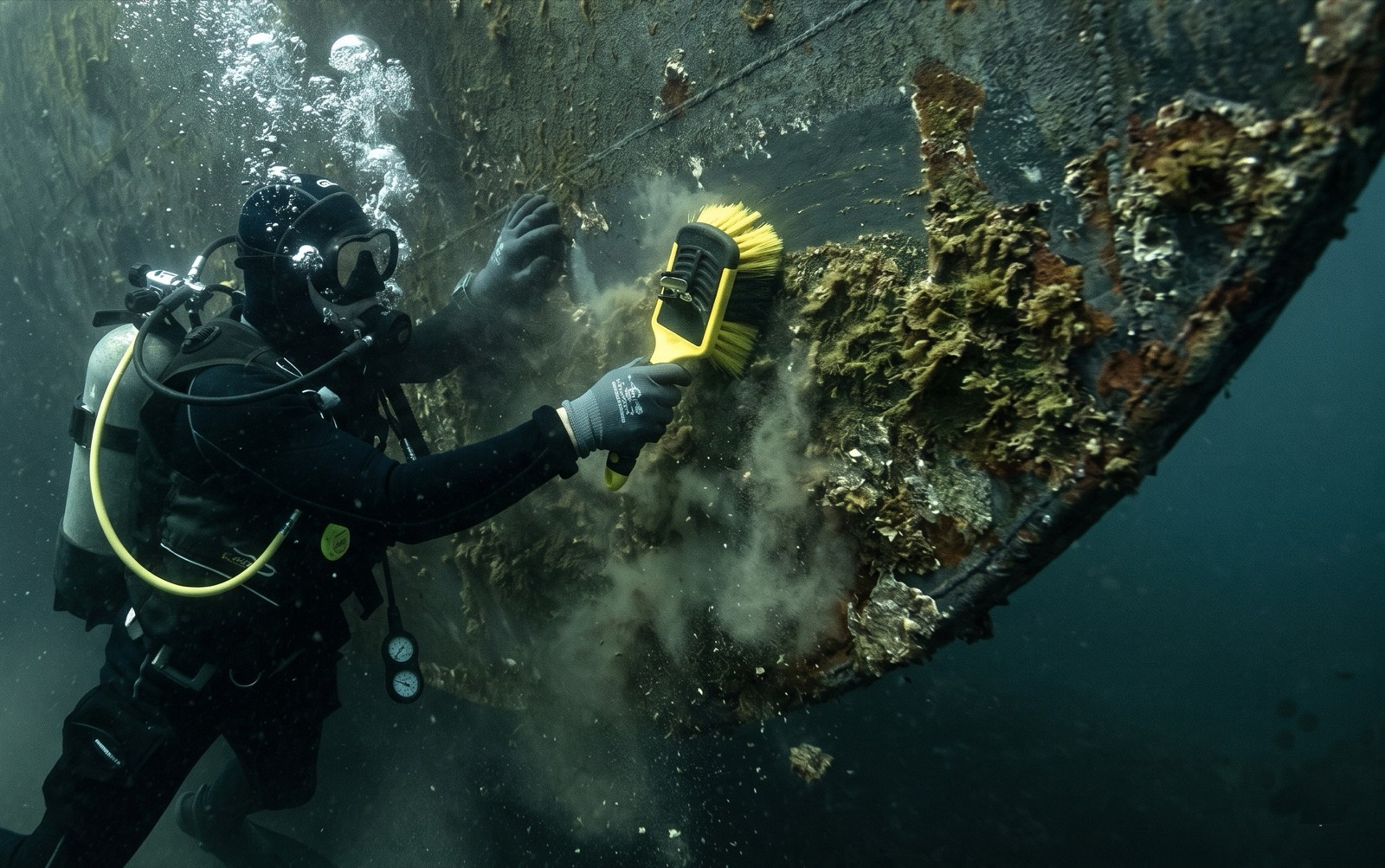 Commercial diver working underwater to clean and maintain a boat hull in South Florida